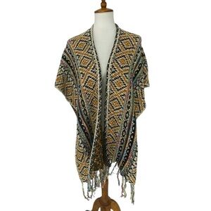 Baciano Wool Blend Kimono Poncho Tasseled Boho Festival Southwest Colorful  XL